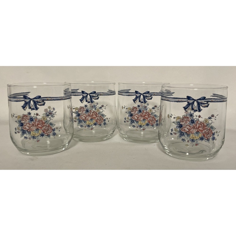 Vintage Libbey Glasses Set Of Four Blue Ribbon & Flowers Cottagecore Grannycore